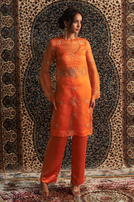 Charkhee Orange Organza, Modal, Satin Sheer Diamond Butti Embroidered Kurta Pant Set at Aza Fashions Charkhee_Orange Organza, Modal, Satin Sheer Diamond Butti Embroidered Kurta Pant Set _at_Aza_Fashions
