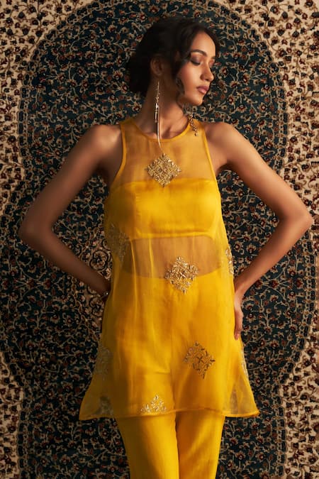 Charkhee Yellow Modal, Satin, Organza, Chanderi Diamonds, Sheer Dabka Kurta Pant Set Online at Aza Fashions Charkhee_Yellow Modal, Satin, Organza, Chanderi Diamonds, Sheer Dabka Kurta Pant Set _Online_at_Aza_Fashions