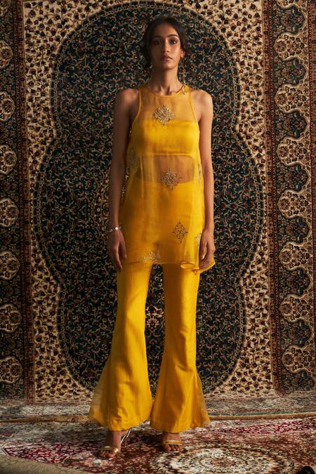 Shop Charkhee Yellow Modal, Satin, Organza, Chanderi Diamonds, Sheer Dabka Kurta Pant Set Online at Aza Fashions Shop_Charkhee_Yellow Modal, Satin, Organza, Chanderi Diamonds, Sheer Dabka Kurta Pant Set _Online_at_Aza_Fashions