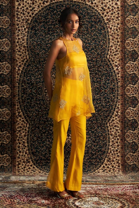 Charkhee Yellow Modal, Satin, Organza, Chanderi Diamonds, Sheer Dabka Kurta Pant Set at Aza Fashions Charkhee_Yellow Modal, Satin, Organza, Chanderi Diamonds, Sheer Dabka Kurta Pant Set _at_Aza_Fashions