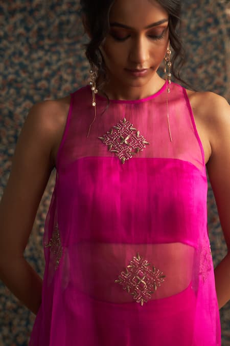 Charkhee Pink Modal, Satin, Organza, Chanderi Diamonds, Embroidery Sheer Kurta Pant Set at Aza Fashions Charkhee_Pink Modal, Satin, Organza, Chanderi Diamonds, Embroidery Sheer Kurta Pant Set _at_Aza_Fashions