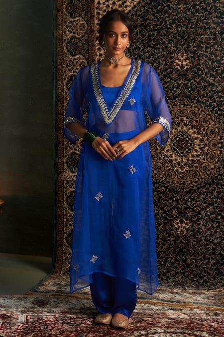 Charkhee Blue Bustier And Pant Modal Satin Embroidery Dabka V Neck Hand Sheer Kurta Set 