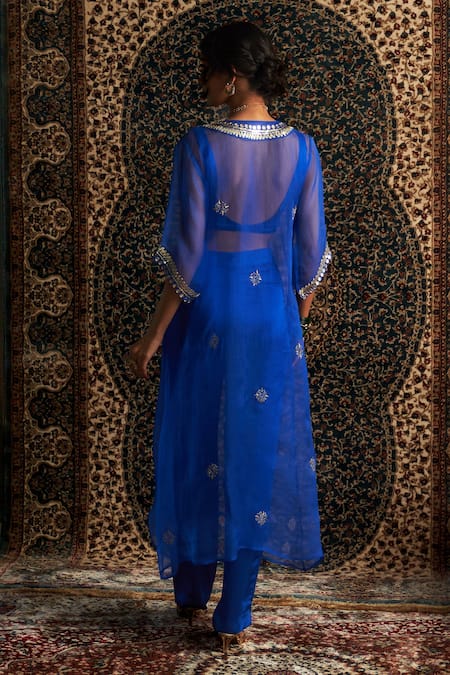 Shop Charkhee Blue Organza, Modal, Satin Embroidery V-neck Hand Sheer Kurta Pant Set at Aza Fashions Shop_Charkhee_Blue Organza, Modal, Satin Embroidery V-neck Hand Sheer Kurta Pant Set _at_Aza_Fashions