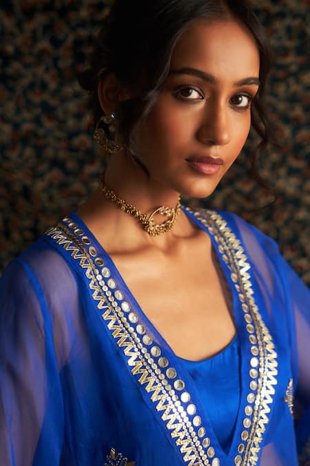 Charkhee Blue Organza, Modal, Satin Embroidery V-neck Hand Sheer Kurta Pant Set Online at Aza Fashions Charkhee_Blue Organza, Modal, Satin Embroidery V-neck Hand Sheer Kurta Pant Set _Online_at_Aza_Fashions