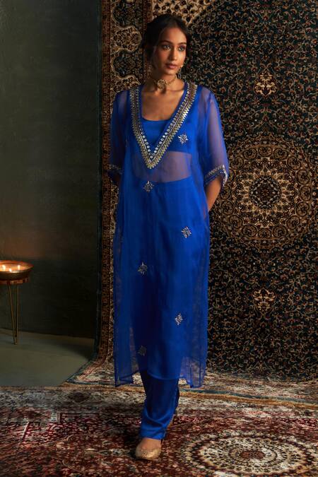 Buy Charkhee Blue Organza, Modal, Satin Embroidery V-neck Hand Sheer Kurta Pant Set Online at Aza Fashions Buy_Charkhee_Blue Organza, Modal, Satin Embroidery V-neck Hand Sheer Kurta Pant Set _Online_at_Aza_Fashions