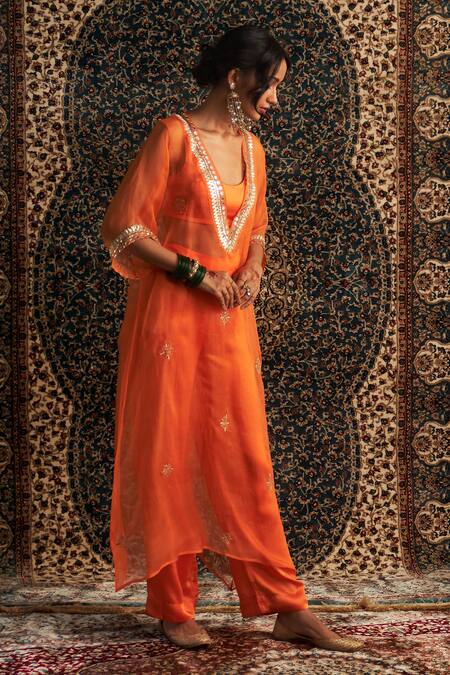 Charkhee_Orange Organza, Modal, Satin Zari, Diamonds, Sheer Hand Kurta Pant Set _Online_at_Aza_Fashions