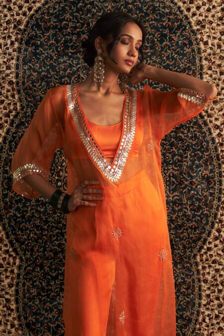 Shop_Charkhee_Orange Organza, Modal, Satin Zari, Diamonds, Sheer Hand Kurta Pant Set _Online_at_Aza_Fashions