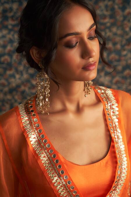 Charkhee_Orange Organza, Modal, Satin Zari, Diamonds, Sheer Hand Kurta Pant Set _at_Aza_Fashions
