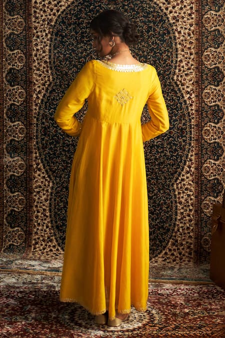 Shop Charkhee Yellow Chanderi, Modal, Satin Gota Patti, Sequins Embroidered Choga Pant Set at Aza Fashions Shop_Charkhee_Yellow Chanderi, Modal, Satin Gota Patti, Sequins Embroidered Choga Pant Set _at_Aza_Fashions
