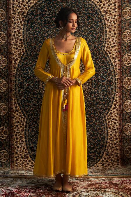 Shop Charkhee Yellow Chanderi, Modal, Satin Gota Patti, Sequins Embroidered Choga Pant Set Online at Aza Fashions Shop_Charkhee_Yellow Chanderi, Modal, Satin Gota Patti, Sequins Embroidered Choga Pant Set _Online_at_Aza_Fashions