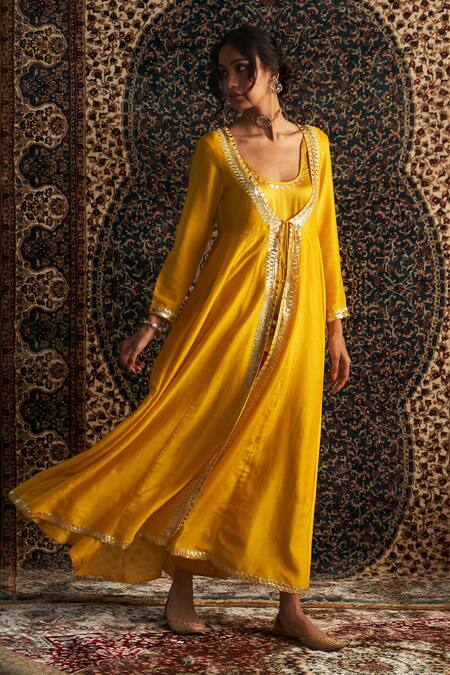 Charkhee Yellow Chanderi, Modal, Satin Gota Patti, Sequins Embroidered Choga Pant Set at Aza Fashions Charkhee_Yellow Chanderi, Modal, Satin Gota Patti, Sequins Embroidered Choga Pant Set _at_Aza_Fashions