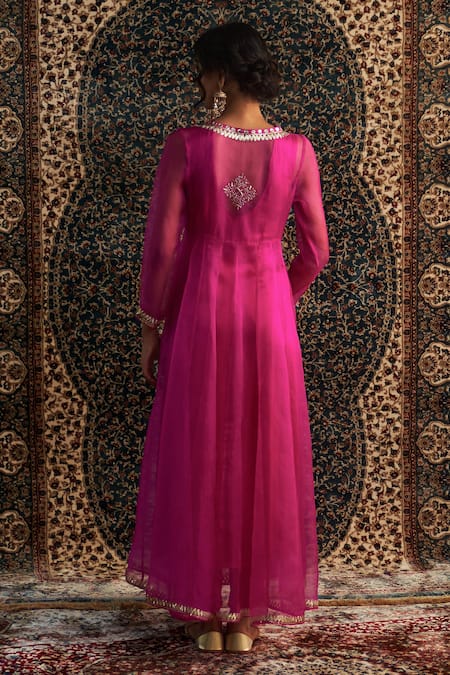 Shop Charkhee Pink Chanderi, Modal, Satin Gota Patti, Sheer Embroidered Choga Pant Set at Aza Fashions Shop_Charkhee_Pink Chanderi, Modal, Satin Gota Patti, Sheer Embroidered Choga Pant Set _at_Aza_Fashions