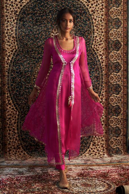 Charkhee Pink Chanderi, Modal, Satin Gota Patti, Sheer Embroidered Choga Pant Set Online at Aza Fashions Charkhee_Pink Chanderi, Modal, Satin Gota Patti, Sheer Embroidered Choga Pant Set _Online_at_Aza_Fashions