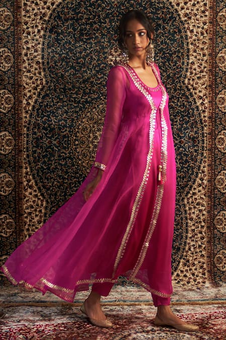 Buy Charkhee Pink Chanderi, Modal, Satin Gota Patti, Sheer Embroidered Choga Pant Set Online at Aza Fashions Buy_Charkhee_Pink Chanderi, Modal, Satin Gota Patti, Sheer Embroidered Choga Pant Set _Online_at_Aza_Fashions