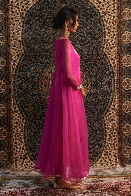 Shop Charkhee Pink Chanderi, Modal, Satin Gota Patti, Sheer Embroidered Choga Pant Set Online at Aza Fashions Shop_Charkhee_Pink Chanderi, Modal, Satin Gota Patti, Sheer Embroidered Choga Pant Set _Online_at_Aza_Fashions