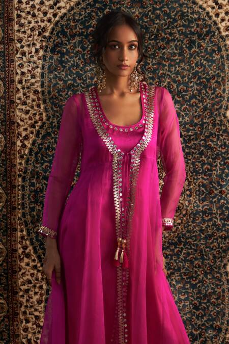 Charkhee Pink Chanderi, Modal, Satin Gota Patti, Sheer Embroidered Choga Pant Set at Aza Fashions Charkhee_Pink Chanderi, Modal, Satin Gota Patti, Sheer Embroidered Choga Pant Set _at_Aza_Fashions