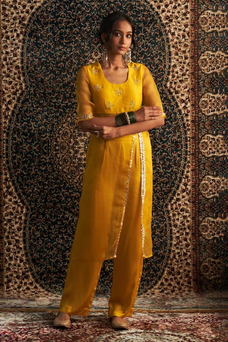 Charkhee_Yellow Organza, Modal, Satin Gota Butti Embroidered Bodice Kurta With Pant _Online_at_Aza_Fashions