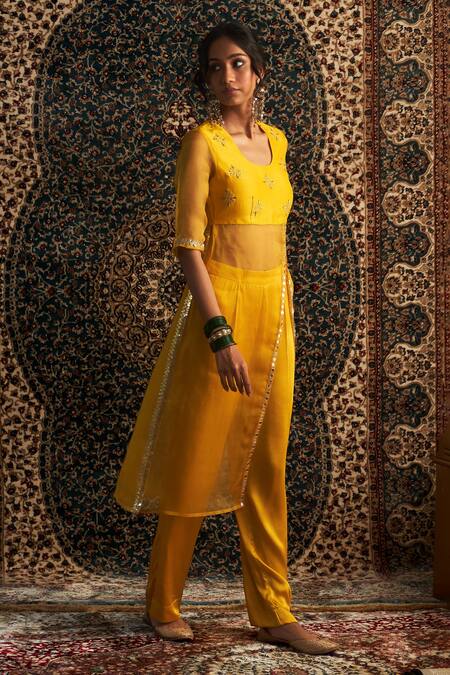 Buy_Charkhee_Yellow Organza, Modal, Satin Gota Butti Embroidered Bodice Kurta With Pant _Online_at_Aza_Fashions