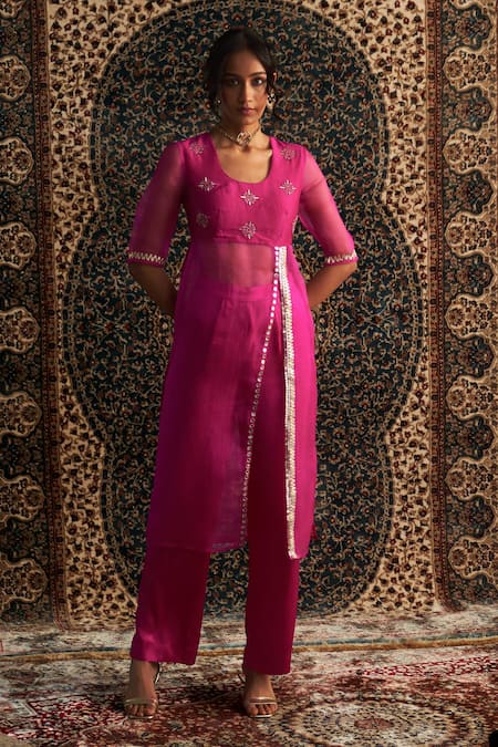 Charkhee_Pink Organza, Modal, Satin Geometric Butti Embroidered Bodice Kurta With Pant _Online_at_Aza_Fashions