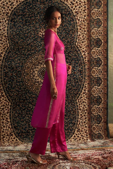 Shop_Charkhee_Pink Organza, Modal, Satin Geometric Butti Embroidered Bodice Kurta With Pant _Online_at_Aza_Fashions
