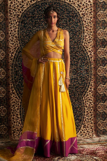 Charkhee Yellow Lehenga Chanderi Embroidery Gota Patti V Neck Lace Set 