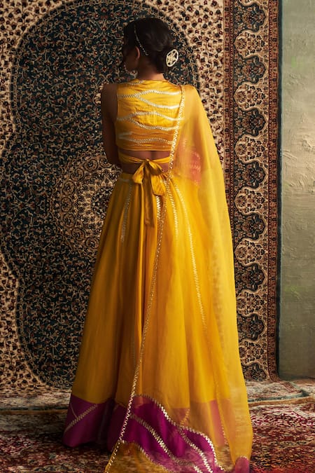 Shop Charkhee Yellow Chanderi, Satin, Organza Tassels, Gota Lace Embroidered Lehenga Set at Aza Fashions Shop_Charkhee_Yellow Chanderi, Satin, Organza Tassels, Gota Lace Embroidered Lehenga Set _at_Aza_Fashions