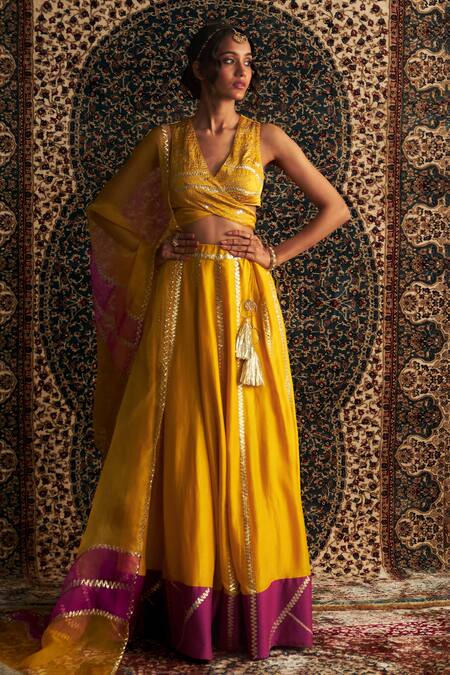 Charkhee Yellow Chanderi, Satin, Organza Tassels, Gota Lace Embroidered Lehenga Set Online at Aza Fashions Charkhee_Yellow Chanderi, Satin, Organza Tassels, Gota Lace Embroidered Lehenga Set _Online_at_Aza_Fashions
