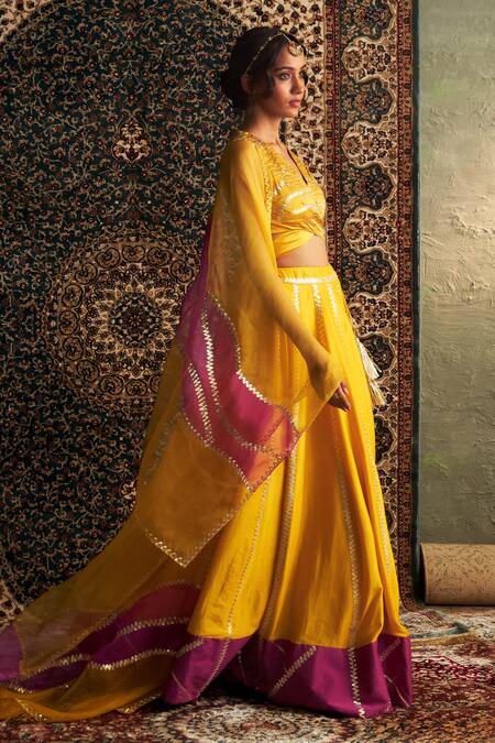Buy Charkhee Yellow Chanderi, Satin, Organza Tassels, Gota Lace Embroidered Lehenga Set Online at Aza Fashions Buy_Charkhee_Yellow Chanderi, Satin, Organza Tassels, Gota Lace Embroidered Lehenga Set _Online_at_Aza_Fashions