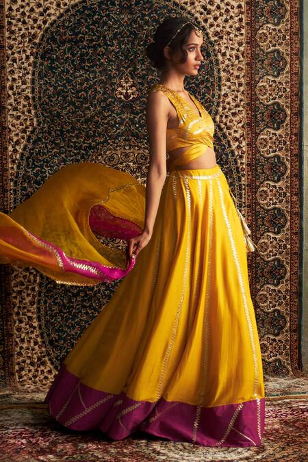 Shop Charkhee Yellow Chanderi, Satin, Organza Tassels, Gota Lace Embroidered Lehenga Set Online at Aza Fashions Shop_Charkhee_Yellow Chanderi, Satin, Organza Tassels, Gota Lace Embroidered Lehenga Set _Online_at_Aza_Fashions