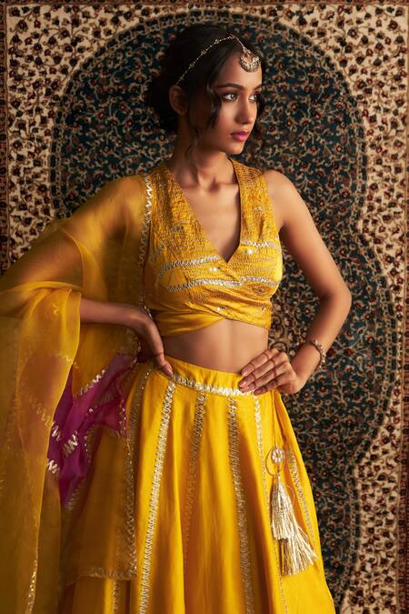Charkhee Yellow Chanderi, Satin, Organza Tassels, Gota Lace Embroidered Lehenga Set at Aza Fashions Charkhee_Yellow Chanderi, Satin, Organza Tassels, Gota Lace Embroidered Lehenga Set _at_Aza_Fashions