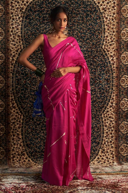 Charkhee_Pink Chanderi, Modal, Satin Gota Patti, Sequins Embroidered Saree With Blouse _Online_at_Aza_Fashions