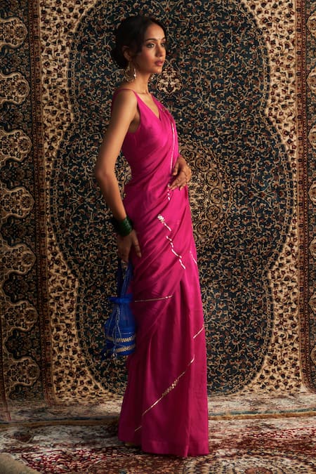 Buy_Charkhee_Pink Chanderi, Modal, Satin Gota Patti, Sequins Embroidered Saree With Blouse _Online_at_Aza_Fashions