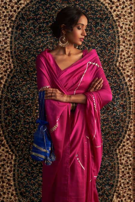 Shop_Charkhee_Pink Chanderi, Modal, Satin Gota Patti, Sequins Embroidered Saree With Blouse _Online_at_Aza_Fashions