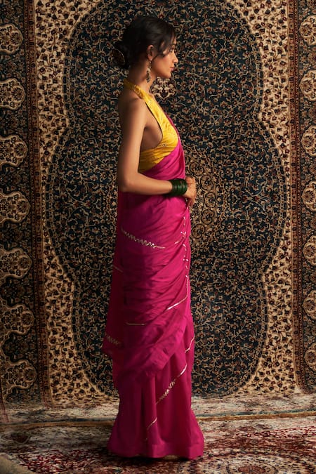 Charkhee_Pink Chanderi, Modal, Satin Gota Patti, Mirrors, Embroidered Saree With Blouse _Online_at_Aza_Fashions