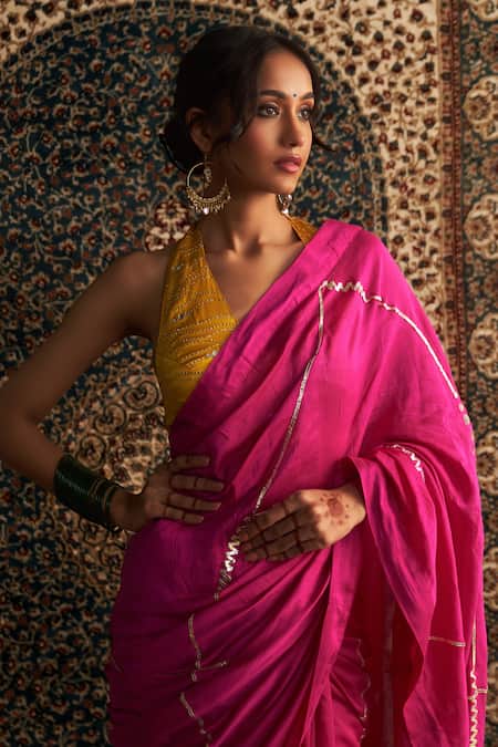 Buy_Charkhee_Pink Chanderi, Modal, Satin Gota Patti, Mirrors, Embroidered Saree With Blouse _Online_at_Aza_Fashions