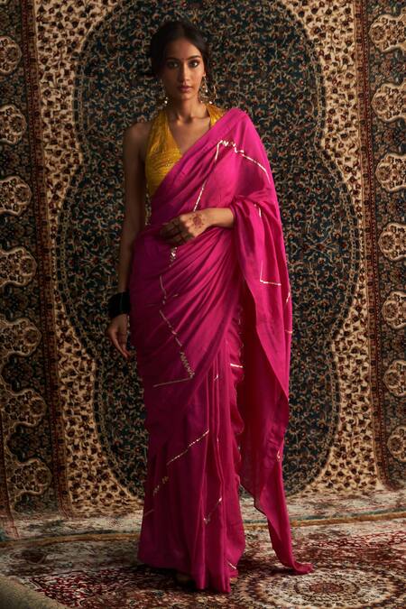 Shop_Charkhee_Pink Chanderi, Modal, Satin Gota Patti, Mirrors, Embroidered Saree With Blouse _Online_at_Aza_Fashions