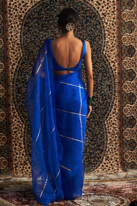 Shop Charkhee Blue Organza, Modal, Satin Gota Patti, Sequins Embroidered Saree With Blouse at Aza Fashions Shop_Charkhee_Blue Organza, Modal, Satin Gota Patti, Sequins Embroidered Saree With Blouse _at_Aza_Fashions