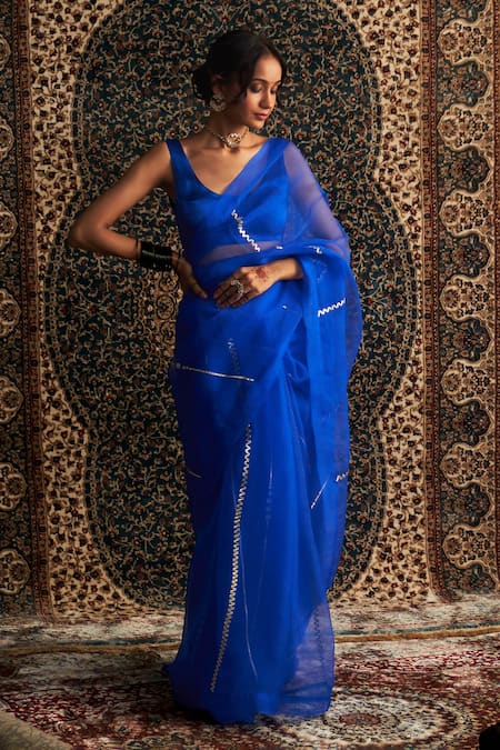 Charkhee Blue Organza, Modal, Satin Gota Patti, Sequins Embroidered Saree With Blouse Online at Aza Fashions Charkhee_Blue Organza, Modal, Satin Gota Patti, Sequins Embroidered Saree With Blouse _Online_at_Aza_Fashions