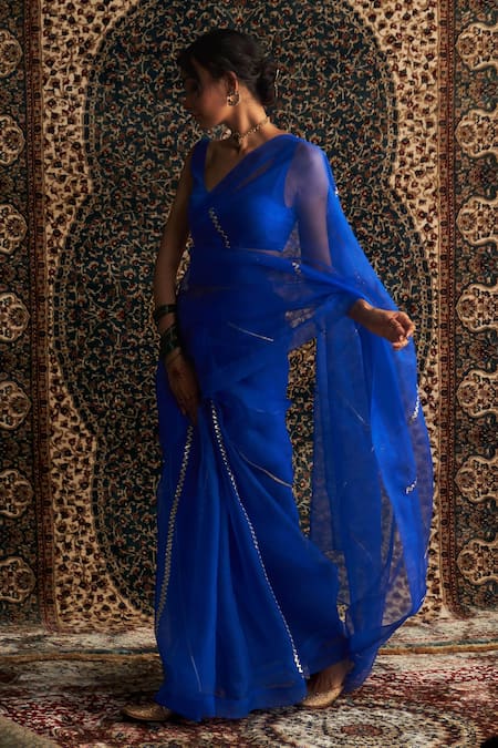 Buy Charkhee Blue Organza, Modal, Satin Gota Patti, Sequins Embroidered Saree With Blouse Online at Aza Fashions Buy_Charkhee_Blue Organza, Modal, Satin Gota Patti, Sequins Embroidered Saree With Blouse _Online_at_Aza_Fashions