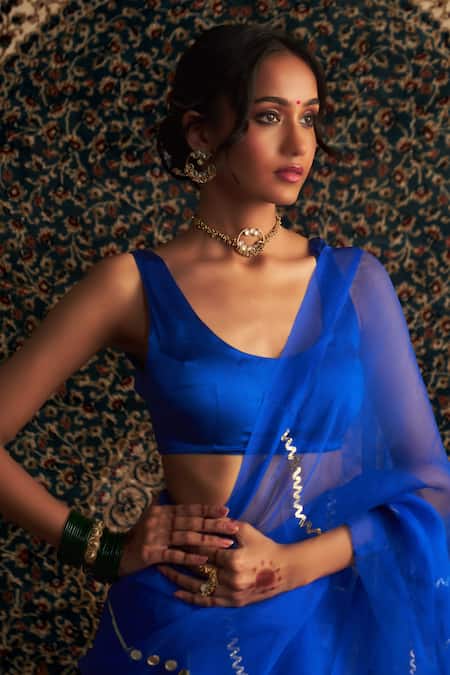 Charkhee Blue Organza, Modal, Satin Gota Patti, Sequins Embroidered Saree With Blouse at Aza Fashions Charkhee_Blue Organza, Modal, Satin Gota Patti, Sequins Embroidered Saree With Blouse _at_Aza_Fashions