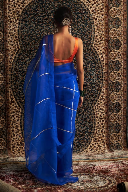 Shop Charkhee Blue Organza, Modal, Satin Gota Patti, Sequins Embroidered Saree With Blouse at Aza Fashions Shop_Charkhee_Blue Organza, Modal, Satin Gota Patti, Sequins Embroidered Saree With Blouse _at_Aza_Fashions