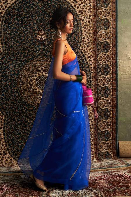 Charkhee Blue Organza, Modal, Satin Gota Patti, Sequins Embroidered Saree With Blouse Online at Aza Fashions Charkhee_Blue Organza, Modal, Satin Gota Patti, Sequins Embroidered Saree With Blouse _Online_at_Aza_Fashions