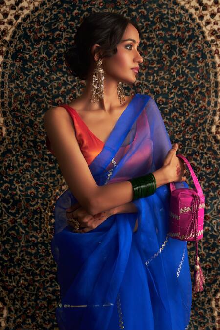 Buy Charkhee Blue Organza, Modal, Satin Gota Patti, Sequins Embroidered Saree With Blouse Online at Aza Fashions Buy_Charkhee_Blue Organza, Modal, Satin Gota Patti, Sequins Embroidered Saree With Blouse _Online_at_Aza_Fashions