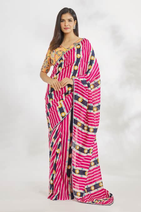 Paksh_Pink Chanderi Silk Printed Striped Hand Embroidered Blouse And Saree Set  _at_Aza_Fashions