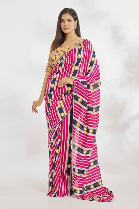 Paksh_Pink Chanderi Silk Printed Striped Hand Embroidered Blouse And Saree Set  _Online_at_Aza_Fashions
