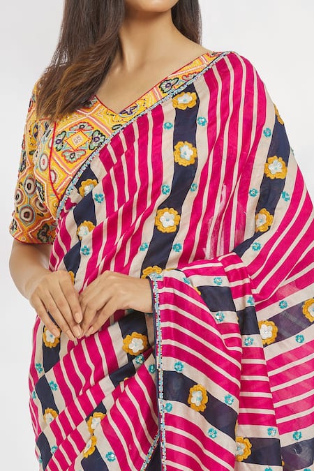 Buy_Paksh_Pink Chanderi Silk Printed Striped Hand Embroidered Blouse And Saree Set  _Online_at_Aza_Fashions