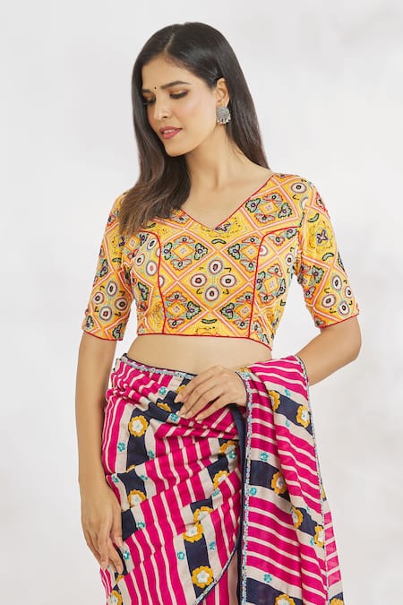 Shop_Paksh_Pink Chanderi Silk Printed Striped Hand Embroidered Blouse And Saree Set  _Online_at_Aza_Fashions