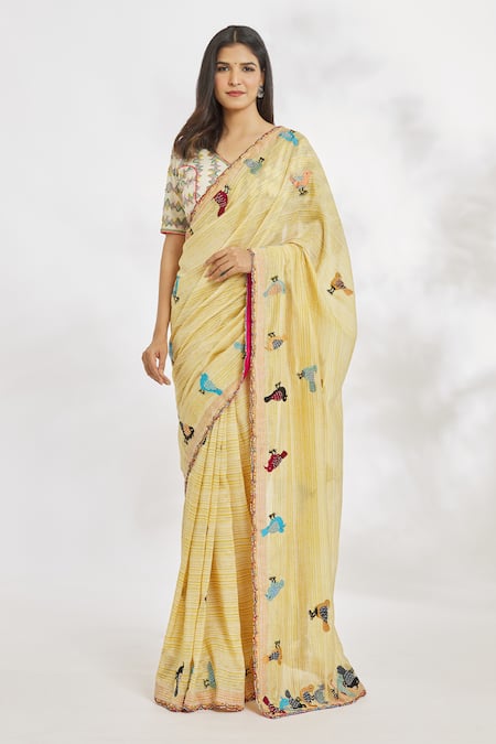 Paksh_Yellow Printed Striped And Embroidered Saree  _Online_at_Aza_Fashions