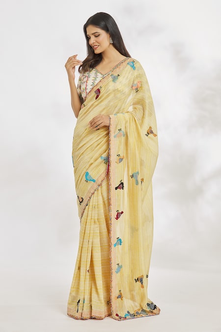 Buy_Paksh_Yellow Printed Striped And Embroidered Saree  _Online_at_Aza_Fashions