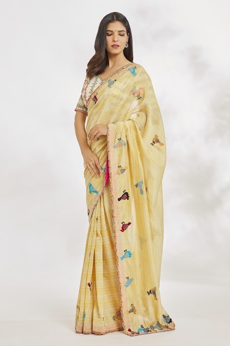 Shop_Paksh_Yellow Printed Striped And Embroidered Saree  _Online_at_Aza_Fashions